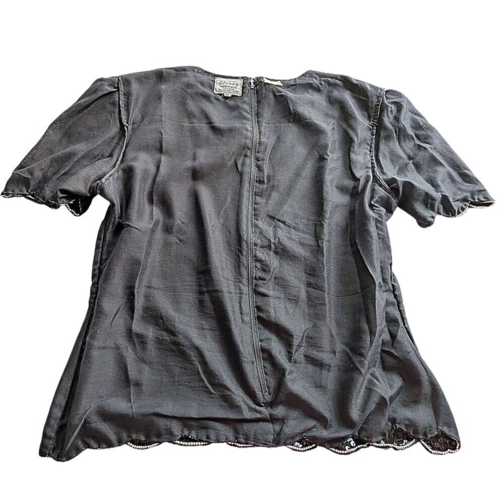 Vtg 80s STENAY 100% Silk Black & White Beaded Scallop Evening Top SzXL - Picture 4 of 5